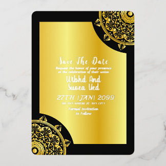 Invitación Con Relieve Metalizado Elegante Boda Dorada y Negra Guardar la Fecha