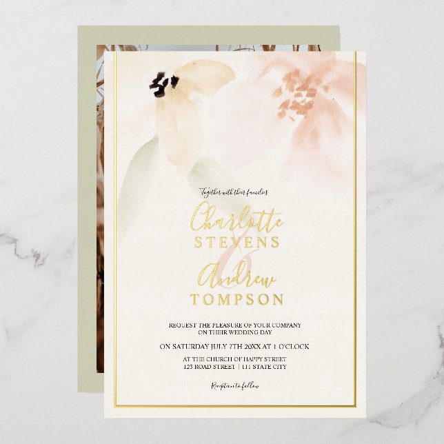Invitación Con Relieve Metalizado Elegante boda dorado suave de color de agua floral (Anverso/Reverso)