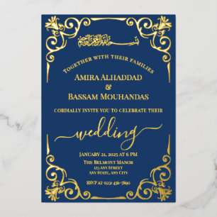Invitación Con Relieve Metalizado Elegante Boda dorado y azul oscuro