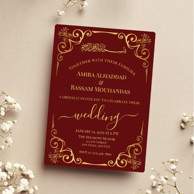Invitación Con Relieve Metalizado Elegante Boda dorado y rojo oscuro (Subido por el creador)