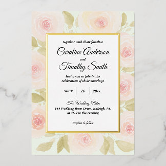 Invitación Con Relieve Metalizado Elegante Boda en Verde Salvia y Rosa con Acuarela