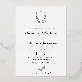 Invitación Con Relieve Metalizado Elegante Boda Escudo blanco y negro