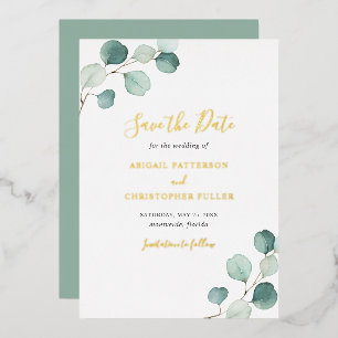 Invitación Con Relieve Metalizado Elegante Boda Eucalyptus Ahorra La Fecha