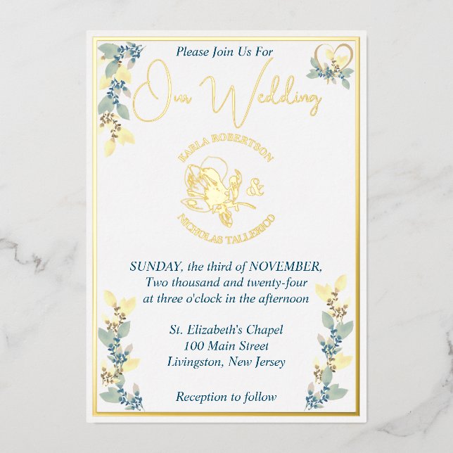 Invitación Con Relieve Metalizado Elegante Boda floral amarillo (Anverso)