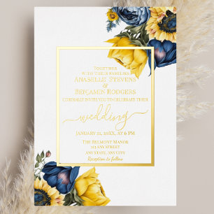 Invitación Con Relieve Metalizado Elegante Boda floral amarillo y azul
