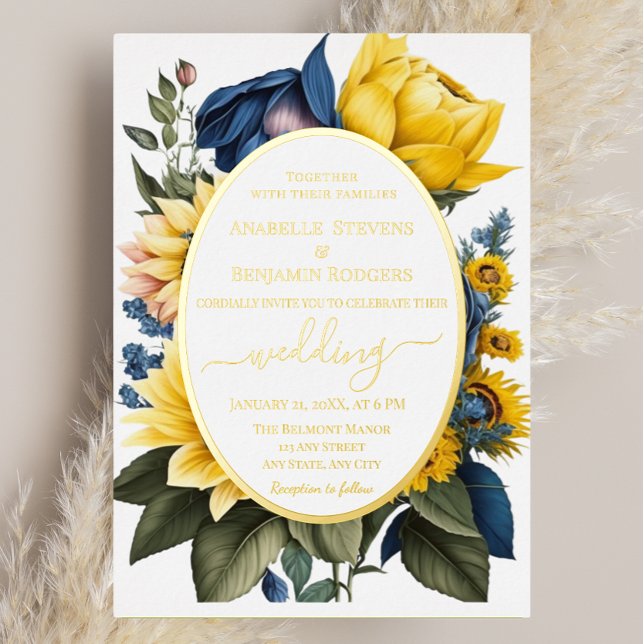 Invitación Con Relieve Metalizado Elegante Boda floral amarillo y azul claro (Subido por el creador)