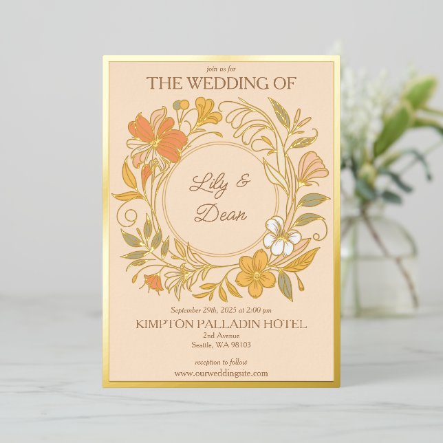 Invitación Con Relieve Metalizado Elegante Boda floral Art Nouveau (Anverso de pie)