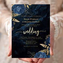 Invitación Con Relieve Metalizado Elegante Boda Floral Azul Marino Oro