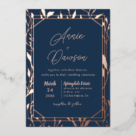 Invitación Con Relieve Metalizado Elegante Boda Floral Azul Marino y Rosa Dorado