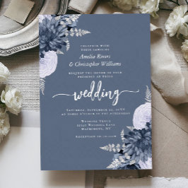 Invitación Con Relieve Metalizado Elegante Boda Floral Azul Polvoriento Plateado