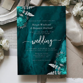 Invitación Con Relieve Metalizado Elegante Boda Floral Azul Teal y Plata