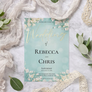 Invitación Con Relieve Metalizado Elegante Boda Floral Blue Bokeh Gold