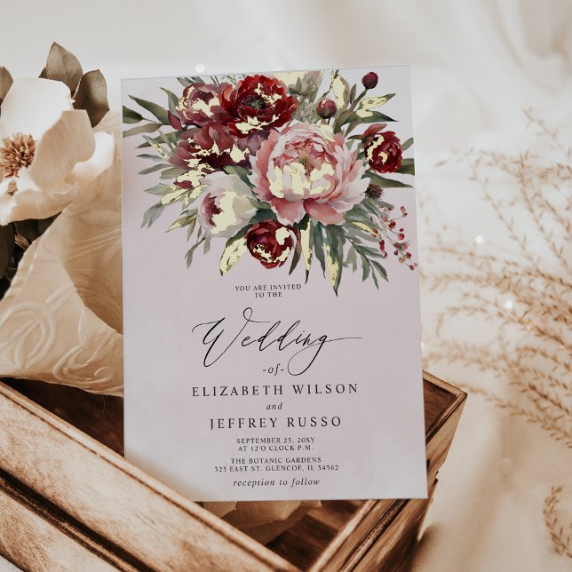 Invitación Con Relieve Metalizado Elegante Boda Floral Boho Burgundy Rubor (Elegant Boho Burgundy Blush Floral Wedding Foil Invitation)