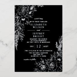 Invitación Con Relieve Metalizado Elegante Boda Floral Botánica Negra
