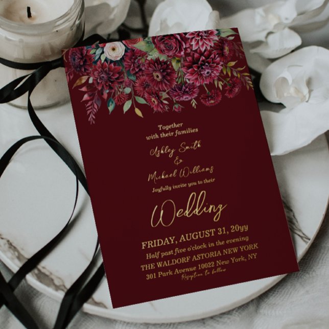 Invitación Con Relieve Metalizado Elegante Boda floral burdeos Boho formal (Subido por el creador)