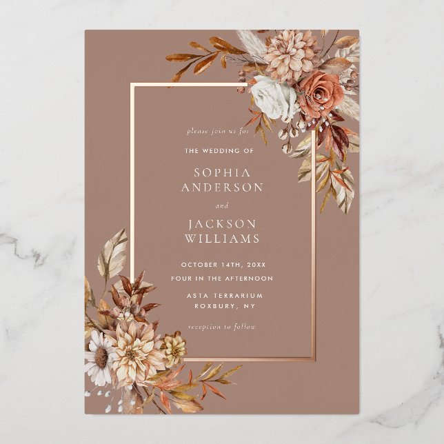 Invitación Con Relieve Metalizado Elegante Boda floral de acuarela de otoño (Anverso)