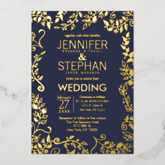 Invitación Con Relieve Metalizado Elegante Boda Floral de Azul Marino en Oro Real