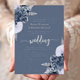 Invitación Con Relieve Metalizado Elegante Boda Floral de Azul Polvoriento y Plata