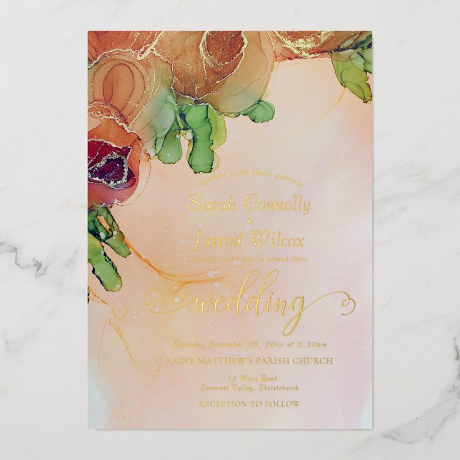 Invitación Con Relieve Metalizado Elegante Boda Floral de bronce Gold (Anverso)