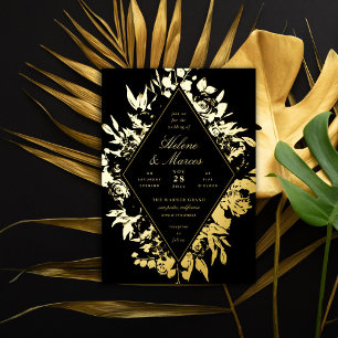 Invitación Con Relieve Metalizado Elegante Boda Floral de Diamante Oro Negro
