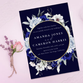 Invitación Con Relieve Metalizado Elegante Boda floral de la Marina Azul