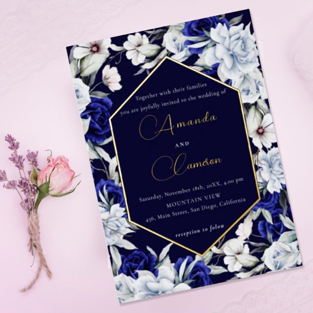 Invitación Con Relieve Metalizado Elegante Boda floral de la Marina Azul (Subido por el creador)