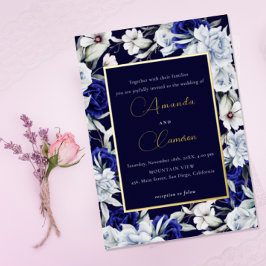 Invitación Con Relieve Metalizado Elegante Boda floral de la Marina Azul