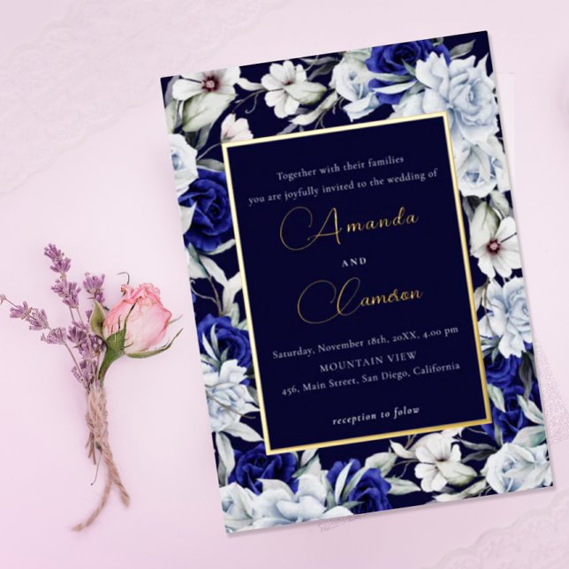 Invitación Con Relieve Metalizado Elegante Boda floral de la Marina Azul (Subido por el creador)