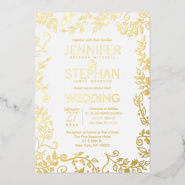 Invitación Con Relieve Metalizado Elegante Boda floral de oro blanco real (Anverso)
