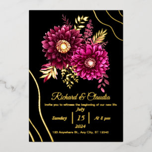 Invitación Con Relieve Metalizado Elegante Boda Floral de Oro, Borgoña Rojo y Negro