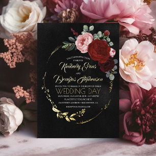 Invitación Con Relieve Metalizado Elegante Boda Floral de Oro, Borgoña Rojo y Negro