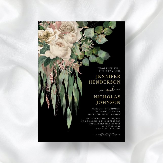Invitación Con Relieve Metalizado Elegante Boda floral de oro negro (Subido por el creador)