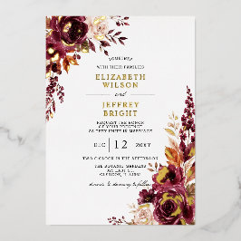Invitación Con Relieve Metalizado Elegante Boda Floral de Otoño Burgundy