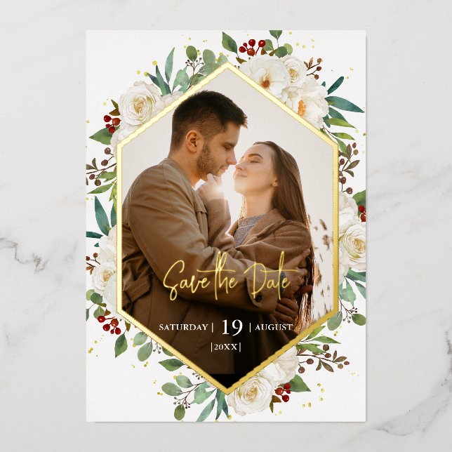 Invitación Con Relieve Metalizado Elegante Boda floral de rosa blanca natural Peony (Anverso)