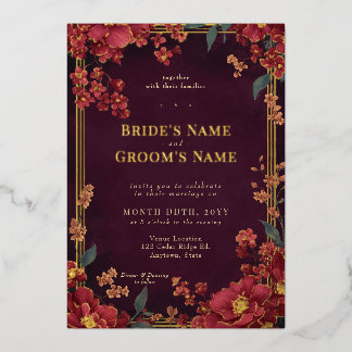 Invitación Con Relieve Metalizado Elegante boda floral de tono de joya rojo