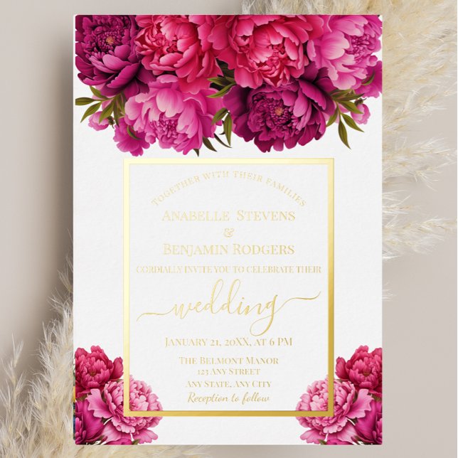 Invitación Con Relieve Metalizado Elegante Boda floral magenta peony (Subido por el creador)
