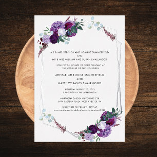 Invitación Con Relieve Metalizado Elegante Boda floral-morado-moderno-plateado