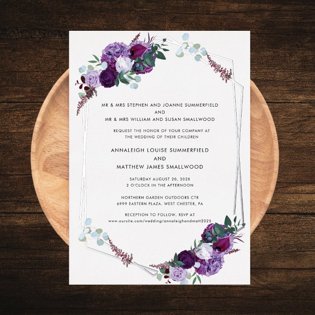 Invitación Con Relieve Metalizado Elegante Boda floral-morado-moderno-plateado (Purple Floral Silver Foil Geometric Parents Names Wedding Invitation)