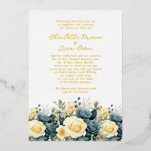 Invitación Con Relieve Metalizado Elegante boda floral naval y amarilla en oro