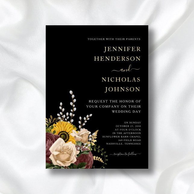 Invitación Con Relieve Metalizado Elegante Boda floral negro oro (Subido por el creador)
