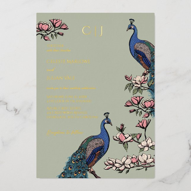 Invitación Con Relieve Metalizado Elegante Boda Floral Peacock (Anverso)