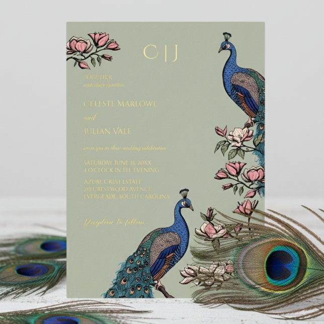 Invitación Con Relieve Metalizado Elegante Boda Floral Peacock (Elegant Sage Green Wedding Invitations. Trendy Floral Blue Peacock, Teal Feathers, Magnolia Flowers)