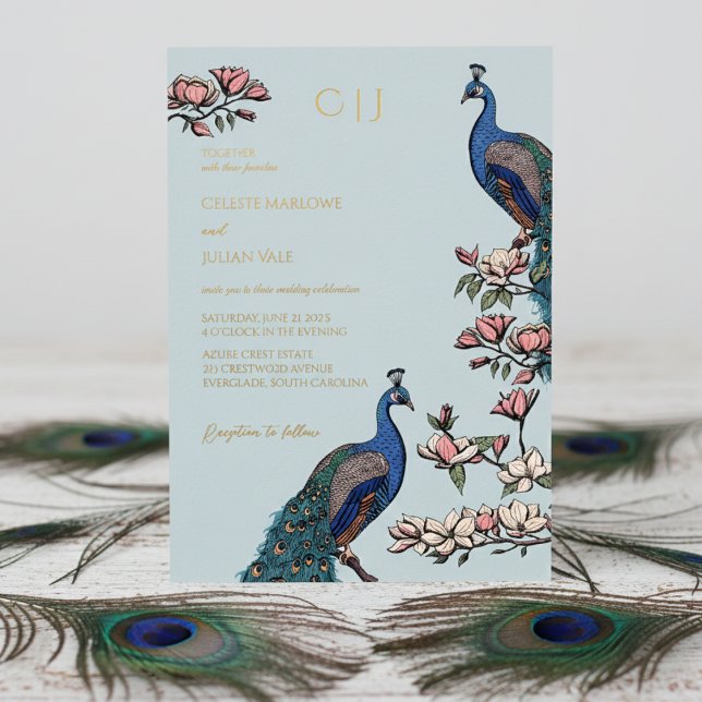 Invitación Con Relieve Metalizado Elegante Boda Floral Peacock (Elegant Light Blue Wedding Invitations. Trendy Floral Blue Peacock, Teal Feathers, Magnolia Flowers)