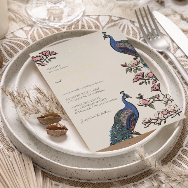 Invitación Con Relieve Metalizado Elegante Boda Floral Peacock Gold (Real Gold Foil Elegant Rustic Peacock on Magnolia Tree. Hand-Drawn Modern Chinoiserie Style in Ivory)