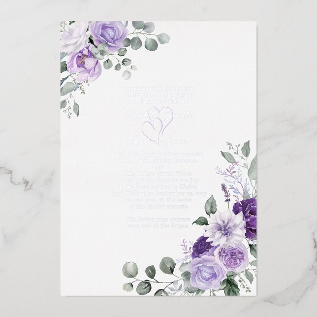 Invitación Con Relieve Metalizado Elegante Boda floral púrpura plateado (Anverso)
