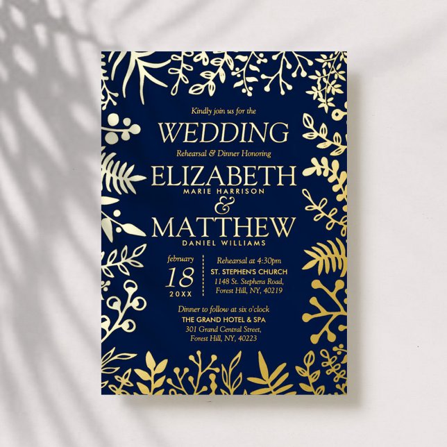 Invitación Con Relieve Metalizado Elegante Boda floral Rhearsal Dinner Real (Subido por el creador)