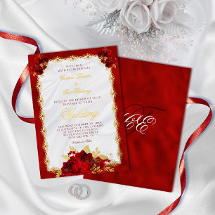 Invitación Con Relieve Metalizado Elegante Boda floral rojo y Relieve metalizado dor