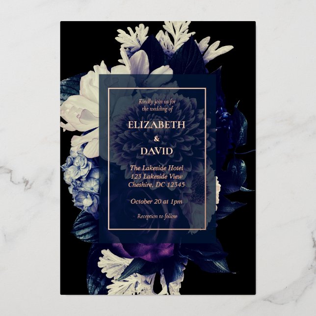 Invitación Con Relieve Metalizado Elegante Boda floral romántico oscuro (Anverso)