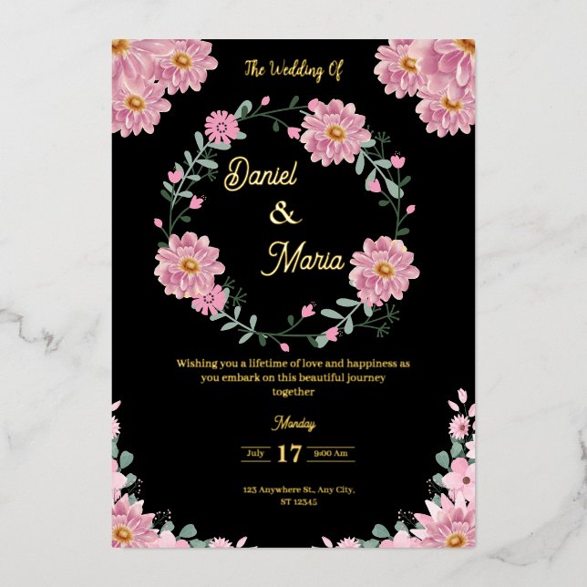 Invitación Con Relieve Metalizado Elegante Boda floral rosa (Anverso)