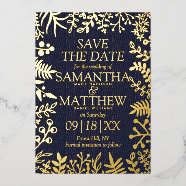 Invitación Con Relieve Metalizado Elegante Boda Floral Salva La Fecha Real (Anverso)